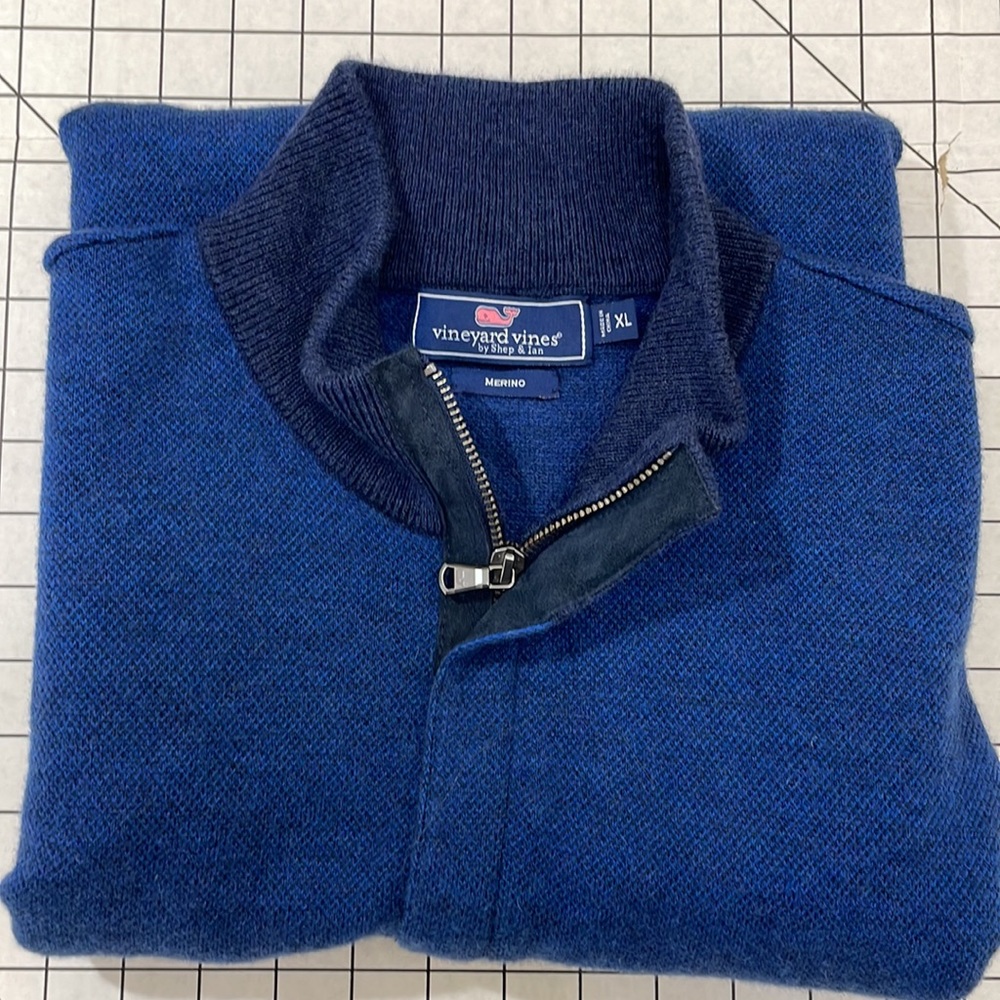 Vineyard Vines mock 1/4 zip neck, merino wool, cobalt blue pullover sweater